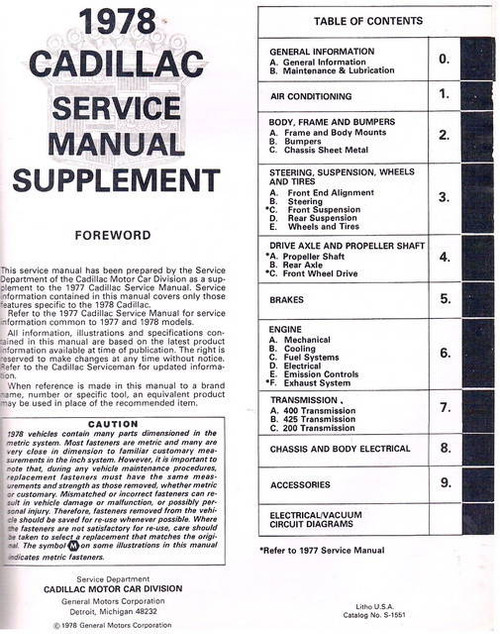 1978 Cadillac Service Manual Supplement Table of Contents
