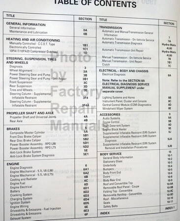 1990 Chevrolet Corvette Service Manual Table of Contents