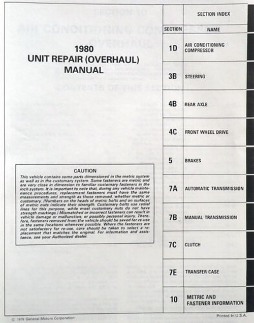 1981 Chevy Passenger Car and Light Duty Truck Unit Repair Overhaul Manual Table of Contents