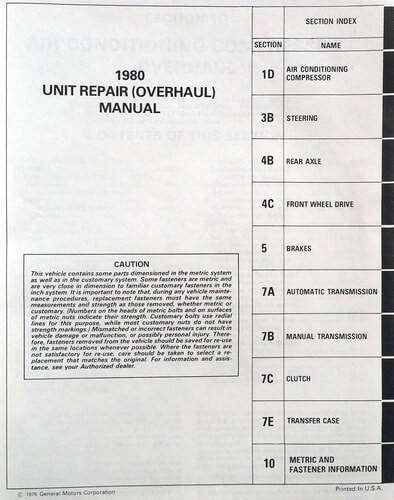 1981 Chevy Passenger Car and Light Duty Truck Unit Repair Overhaul Manual Table of Contents