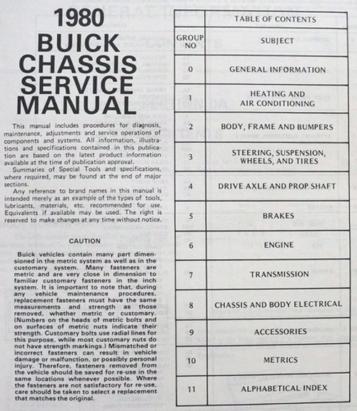1980 Buick Chassis Service Manual Table of Contents