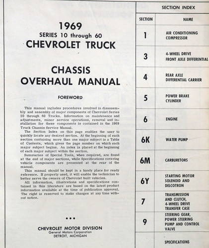 1969 Chevy Truck Suburban Van Overhaul Manual Table of Contents
