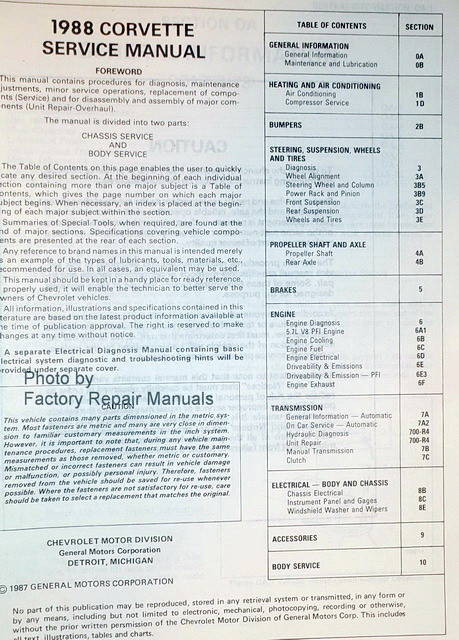1988 Chevrolet Corvette Service Manual Table of Contents