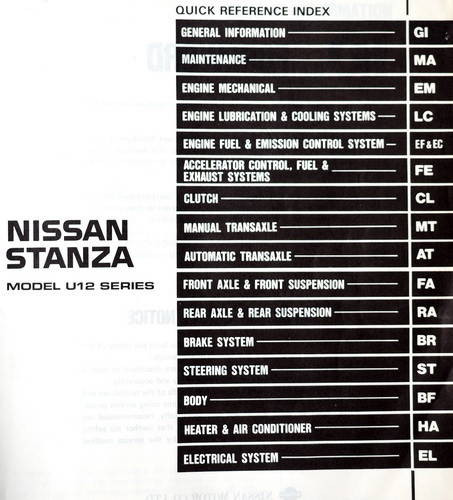 1991 Nissan Stanza Service Manual Table of Contents