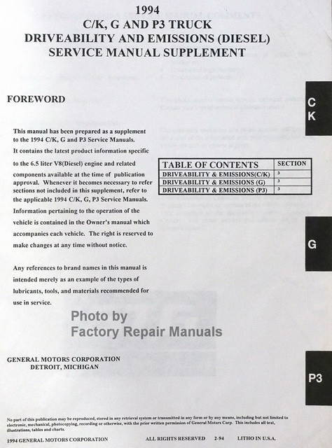 C/K, G, P3 1994 Diesel Supplement GMC Chevrolet Table of Contents
