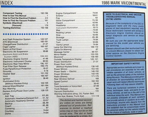 1989 Lincoln Continental/ Mark VII Electrical & Vacuum Troubleshooting Manual