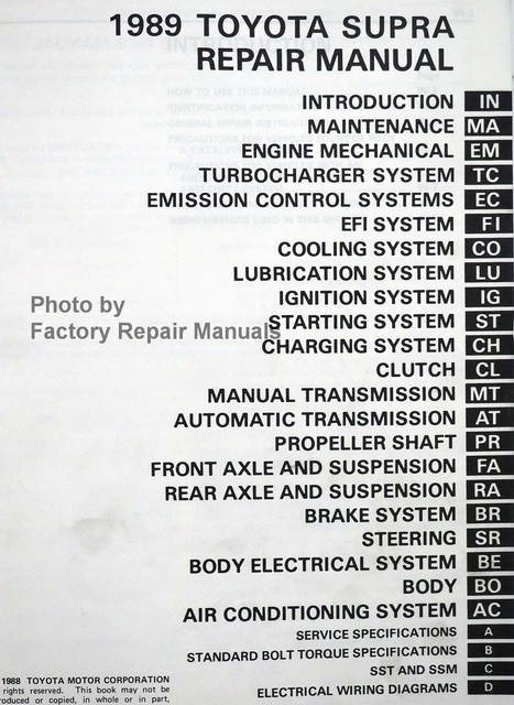 1989 Toyota Supra Repair Manual Table of Contents