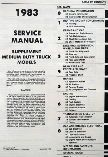 1983 Chevy GMC Medium Duty Truck 40-60 Series Shop Manual Supplement Table of Contents