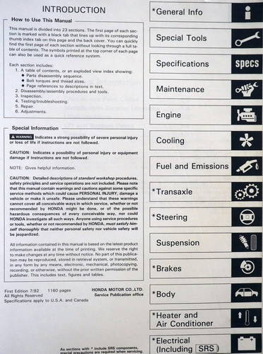 1993 Honda Civic Del Sol Service Manual Tale of Contents
