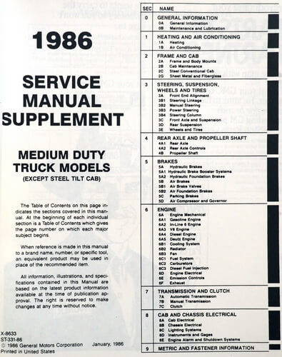 1986 GMC Medium Duty Truck Service Manual Supplement 
