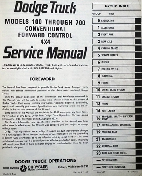 1965 Dodge Truck Service Manual 100-700 Table of Contents