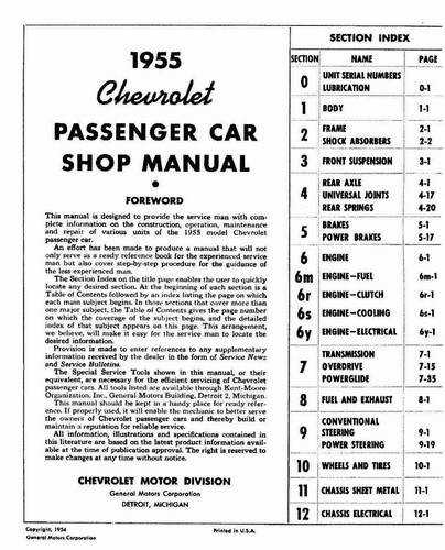 1955 Chevrolet Passenger Car Shop Manual Table of Content