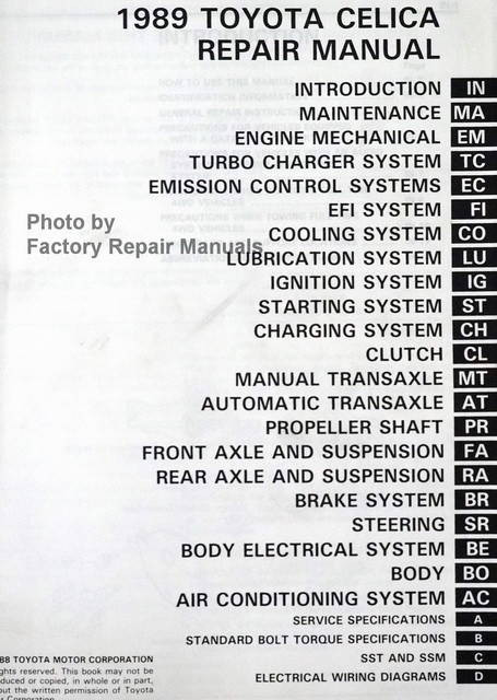 1989 Toyota Celica Repair Manual Table of Contents