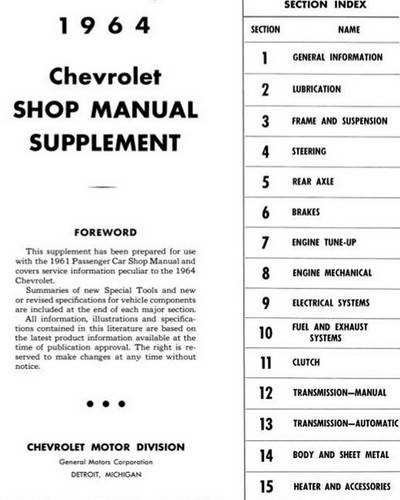 1964 Chevrolet Bel Air Biscayne Impala Shop Manual Supplement Table of Contents