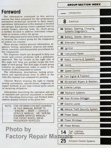 1989 Chrysler Plymouth Dodge FWD Car Fuel & Emissions Service Manual Table of Contents