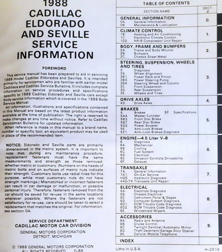 1988 Cadillac Eldorado and Seville Service Information Manual Table of Contents
