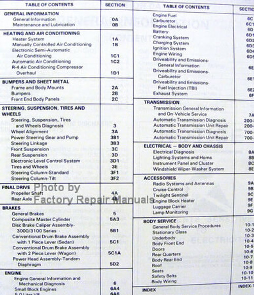 1989 Caprice Estate Wagon Custom Cruiser Safari Factory Shop Service Manual Table of Contents