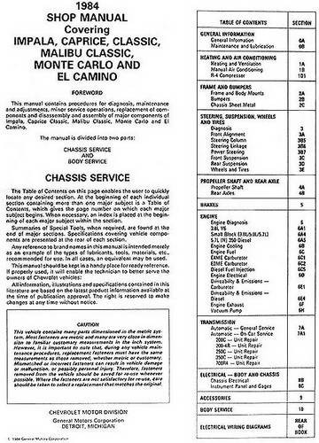 1984 Chevrolet Impala Caprice Malibu Monte Carlo El Camino Shop Manual