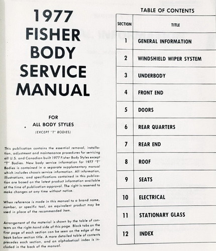 1977 Buick Cadillac Chevy Olds Pontiac Fisher Body Service Manual