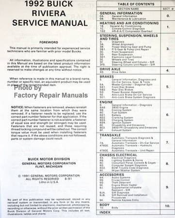 1992 Buick Riviera Service Manual Table of Contents
