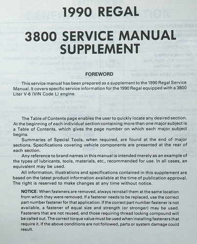 1990 Buick Regal Service Manual 3800 Engine Supplement