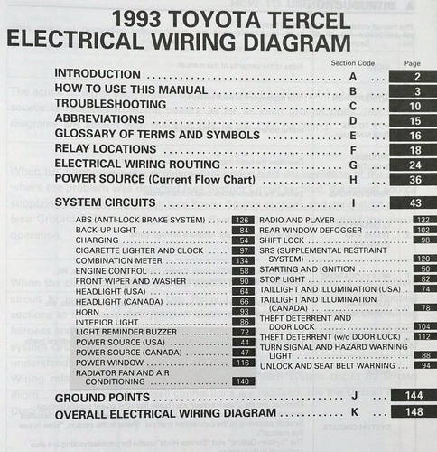 1993 Toyota Tercel Electrical Wiring Diagrams Table of Contents