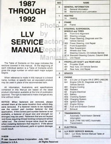 LLV 1987-1992 U.S. Postal Service Long Life Vehicle Service Manual Table of Contents