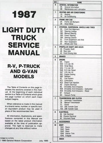 1987 Chevrolet 10-30 Series Light Duty Truck Service Manual Table of Contents