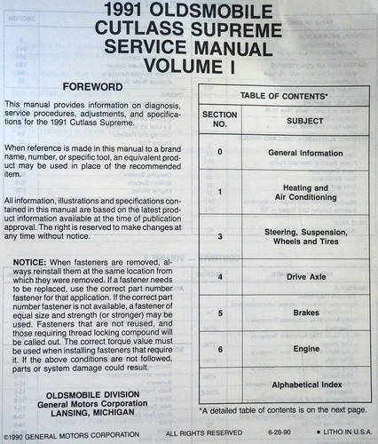 1991 Oldsmobile Cutlass Supreme Service Manuals Table of Contents 1