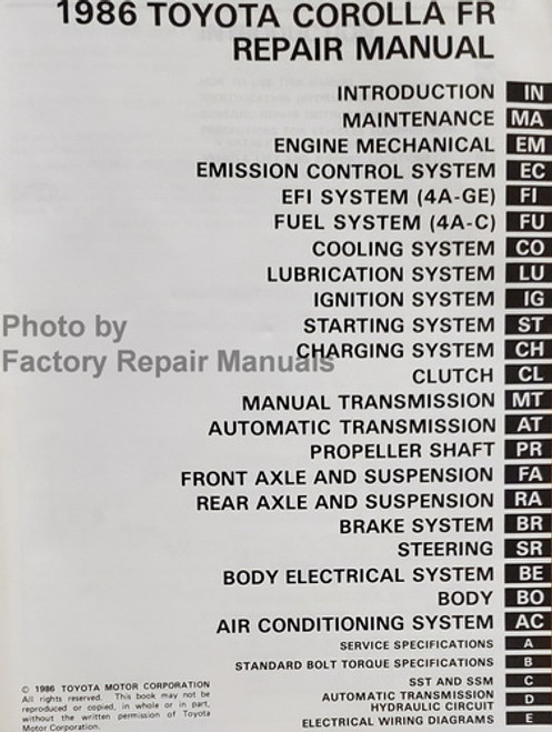 1986 Toyota Corolla FR Repair Manual Table of Contents