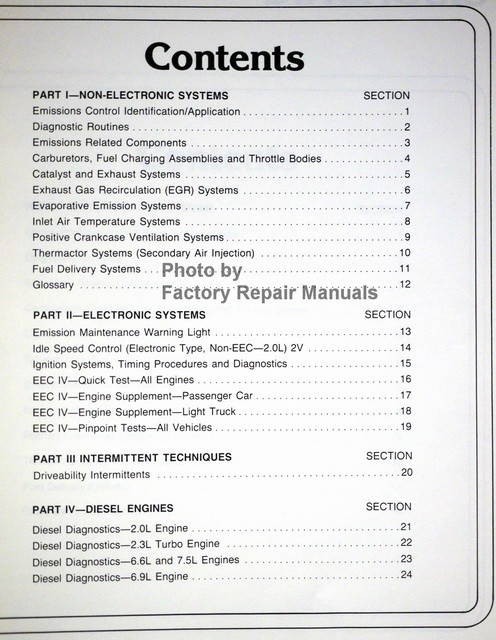 1987 Ford Lincoln Mercury Car & Truck Engine/Emissions Diagnosis Service Manual Table of Contents