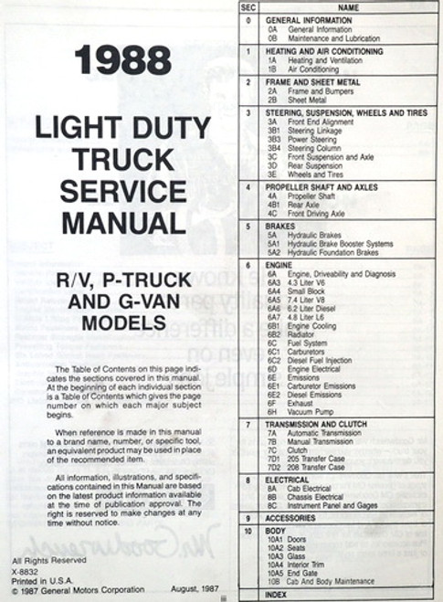 1988 GMC Light Duty Truck R, V, G, P Models Service Manual Table of Contents