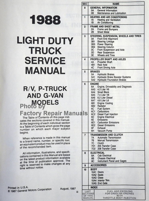 Chevrolet 10-30 Series 1988 R, V, G, P Light Duty Truck Service Manual Table of Contents