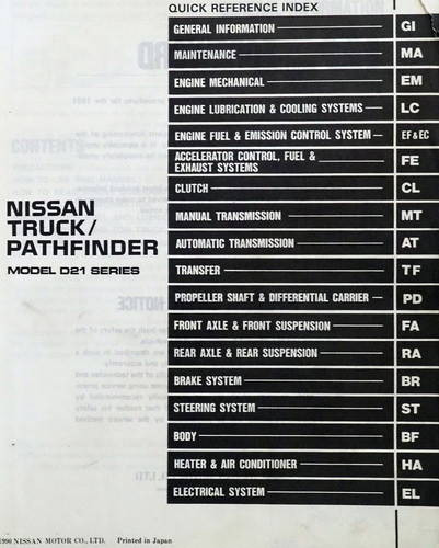 1991 Nissan Truck/Pathfinder Service Manual Table of Contents