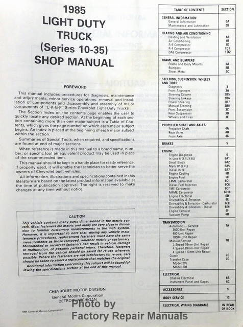 Chevrolet 10-30 Series 1985 Light Duty Truck Shop Manual Table of Contents