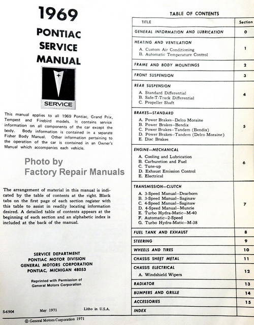 1969 Pontiac Service Manual Table of Contents