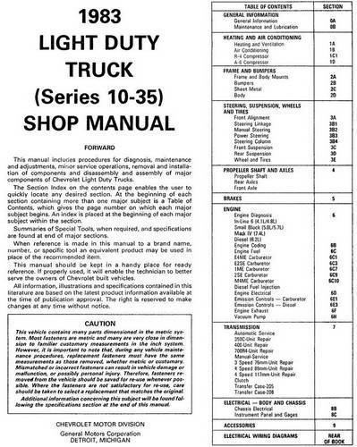 1983 Chevrolet Light Duty Truck 10-30 Series Shop Manual Table of Contents
