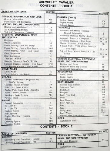 1994 Chevrolet Cavalier Service Manual Table of Contents