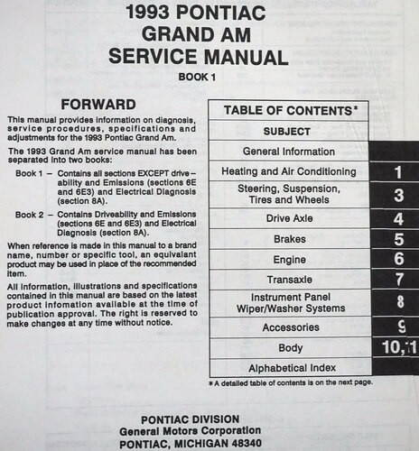 1993 Pontiac Grand Am Service Manual Volume 1, 2