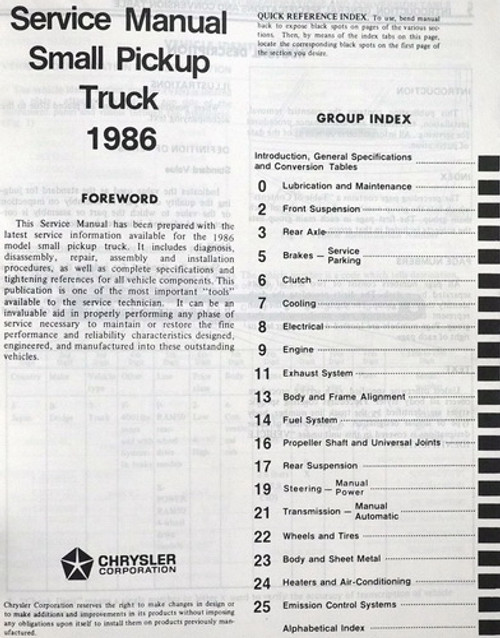 1986 Dodge Ram 50 Service Manual Table of Contents