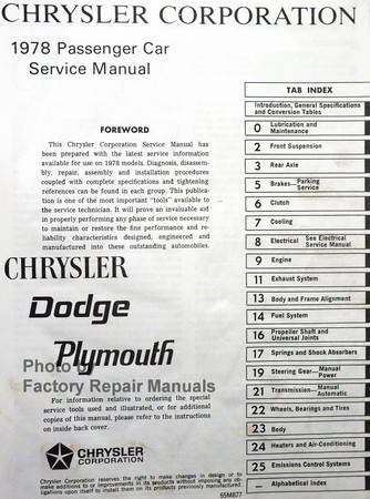 1978 Chrysler Plymouth Dodge Service Manual Table of Contents 1