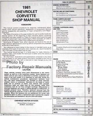 1981 Chevy Corvette Shop Manual Table of Contents