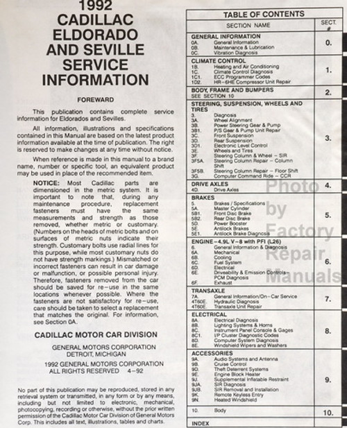 1992 Cadillac Eldorado / Seville Service Manual Table of Contents