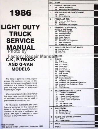 1986 Chevrolet 10-30 Series Light Duty Truck Shop Manual Table of Contents