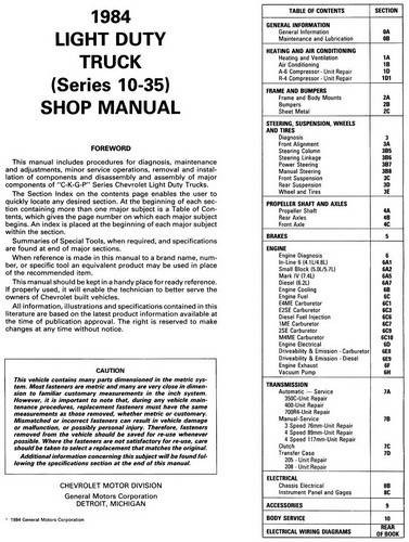 Chevrolet 10-30 Series 1984 Light Duty Truck Shop Manual Table of Contents