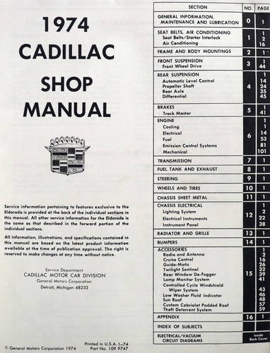 1974 Cadillac Shop Manual Table of Contents