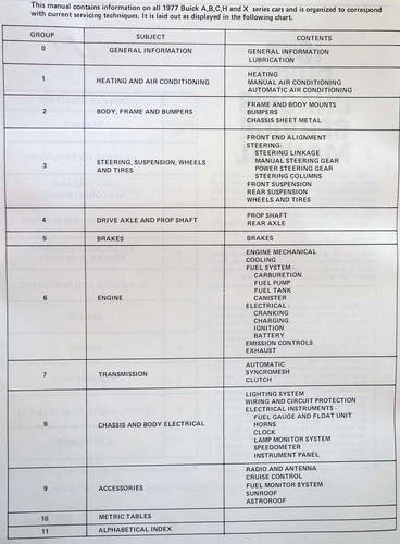 1977 Buick Chassis Service Manual Table of Contents