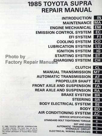 1985 Toyota Supra Repair Manual Table of Contents