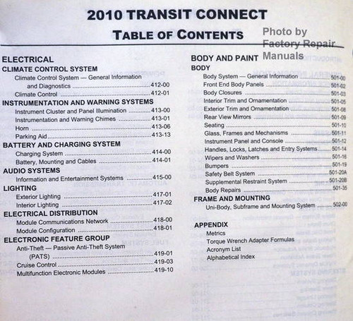 Ford 2010 Transit Connect Workshop Manual Table of Contents 2