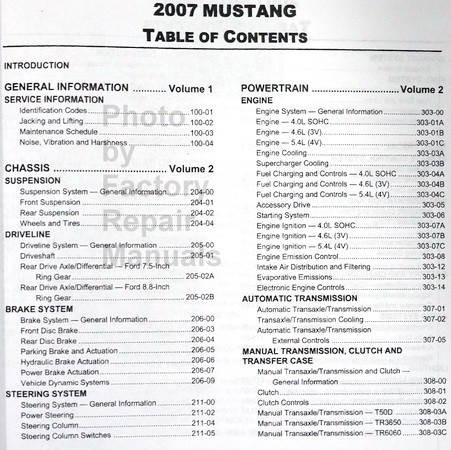 2007 Ford Mustang Workshop Manual Table of Contents 2